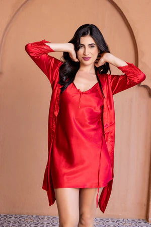 Bridal Red Night set in silky satin