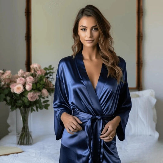 Women Navy Blue Satin Baby doll Belted Kimono Robe