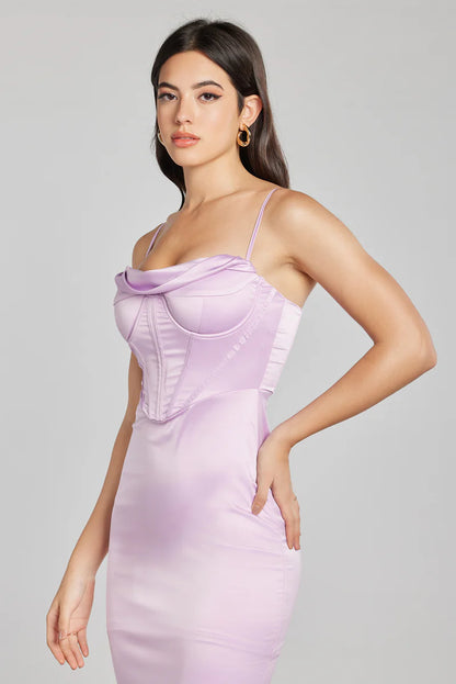 LILAC DRAPED NECK CORSET MAXI DRESS