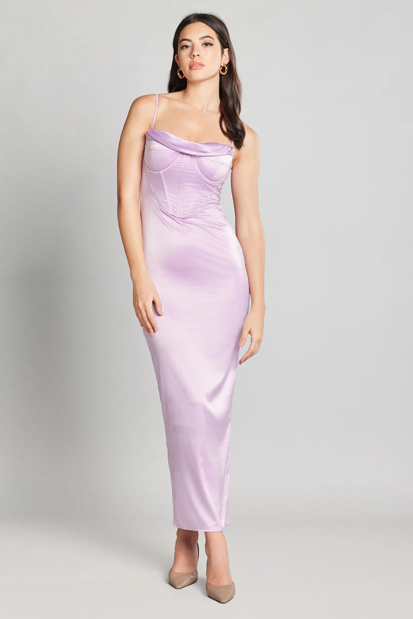 LILAC DRAPED NECK CORSET MAXI DRESS