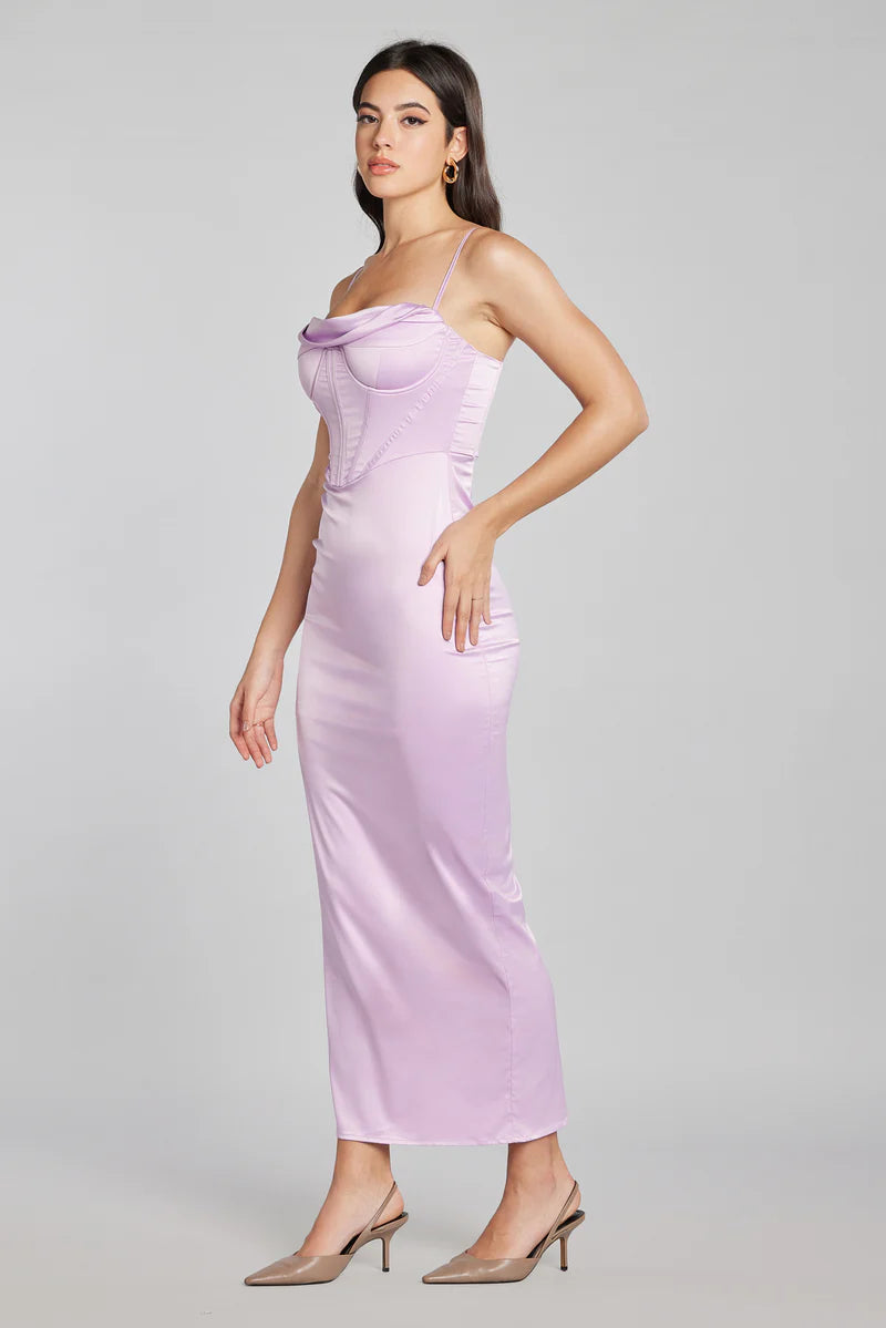 LILAC DRAPED NECK CORSET MAXI DRESS