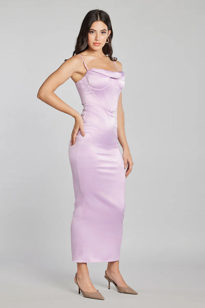 LILAC DRAPED NECK CORSET MAXI DRESS