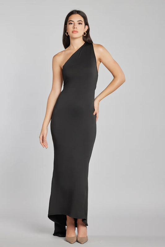 BLACK BACKLESS ONE-SHOULDER MAXI DRESS